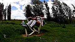 Miniskirted biker flashes panties before outdoor cumshot