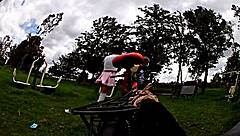 Miniskirted biker flashes panties before outdoor cumshot