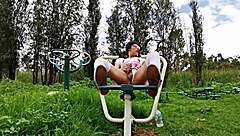 Miniskirted biker flashes panties before outdoor cumshot