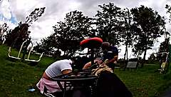 Miniskirted biker flashes panties before outdoor cumshot