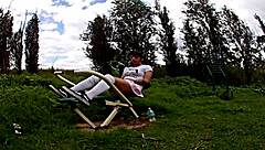 Miniskirted biker flashes panties before outdoor cumshot