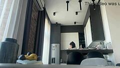 Sexy brunette cleans house flashing shaved pussy