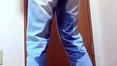 girl pees jeans waiting bathroom amateur desperation