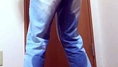 girl pees jeans waiting bathroom amateur desperation