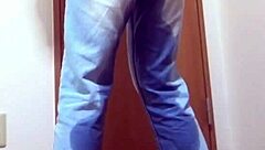 girl pees jeans waiting bathroom amateur desperation