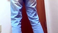 girl pees jeans waiting bathroom amateur desperation