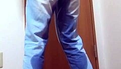 girl pees jeans waiting bathroom amateur desperation