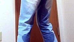 girl pees jeans waiting bathroom amateur desperation