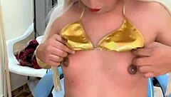 sexy trans in pink pajamas teases hard