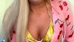 sexy trans in pink pajamas teases hard