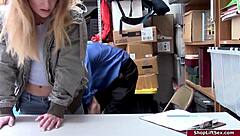 busty babe chokes on older cop's cock in ripped uniform office