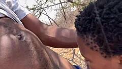 Ebony big pussy creampied in forest outdoor pickup