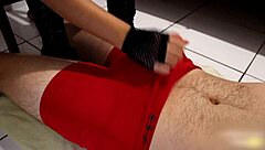 long leather boots lead to explosive footjob cumshot in pants