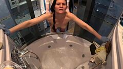 Brunette neighbor fucked doggystyle while cleaning bath moaning hard