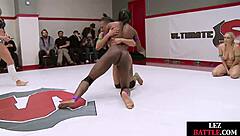 Wrestling lesbians spit dominate pierced dykes in group strapon play