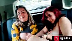 two crazy blondes with big tits fuck wildly in car as crowd watches
