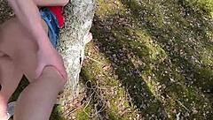 Slut wife tied to tree cheating husband passes by fucks creampie pussy outdoor