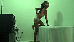 brunette latina masseuse moans flashing big tits and ass in office interview