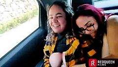 two crazy blondes with big tits fuck wildly in car as crowd watches