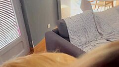 Slutty blonde bimbo chokes on cock before swallowing cum