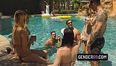 Four Shemales Suck and Bareback in Wild Pool Orgy