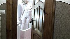 sexy blonde milf naked bathroom roommate watches masturbate cumshot wet pussy 👀💦🍑