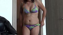 beach milf trims hairy pussy for bikini flashing tease