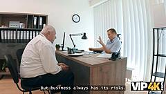 young mina k seduces loan manager with shaved pussy in office