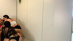 wife hides girlfriend in closet surprises husband with threesome fuck