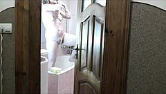 sexy blonde milf naked bathroom roommate watches masturbate cumshot wet pussy 👀💦🍑