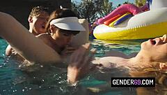 Four Shemales Suck and Bareback in Wild Pool Orgy