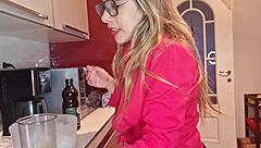 naughty kitchen tease flashes natural tits