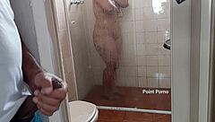 Latina milf brunette showers door open teasing big tits ass for peeping!