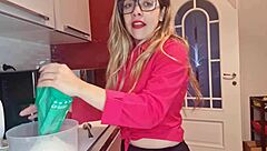 naughty kitchen tease flashes natural tits