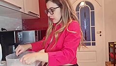 naughty kitchen tease flashes natural tits