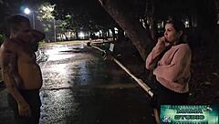 wet milf flashes pussy then fucks stranger hard in the rain craving quick help