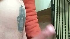 stroking my huge cock outdoors while neighbor chats on phone in the garage below