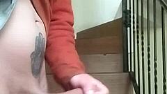 stroking my huge cock outdoors while neighbor chats on phone in the garage below