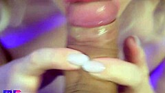 blonde's close-up deepthroat blowjob. massive cumshot fills eager mouth.