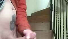 stroking my huge cock outdoors while neighbor chats on phone in the garage below