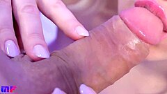 blonde's close-up deepthroat blowjob. massive cumshot fills eager mouth.