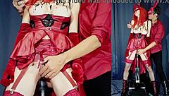 Skinny shaved milf in halloween costume impaled deep by rough fuck machine squirting wet pussy close up