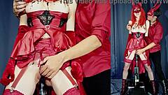 Skinny shaved milf in halloween costume impaled deep by rough fuck machine squirting wet pussy close up