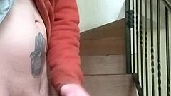 stroking my huge cock outdoors while neighbor chats on phone in the garage below