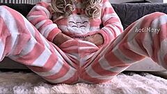 skinny girl in pajamas pleasures herself close up squirting