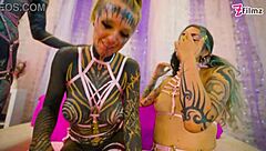 Three tattooed girls ravaged by two guys in wild orgy frenzy