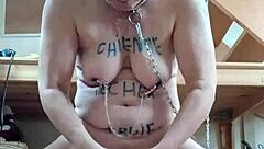 Female slave bound humiliated by maledom master in office with toys