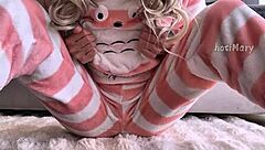 skinny girl in pajamas pleasures herself close up squirting