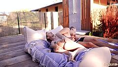 young horny couple moans uncontrollably fucking in backyard