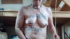 Female slave bound humiliated by maledom master in office with toys